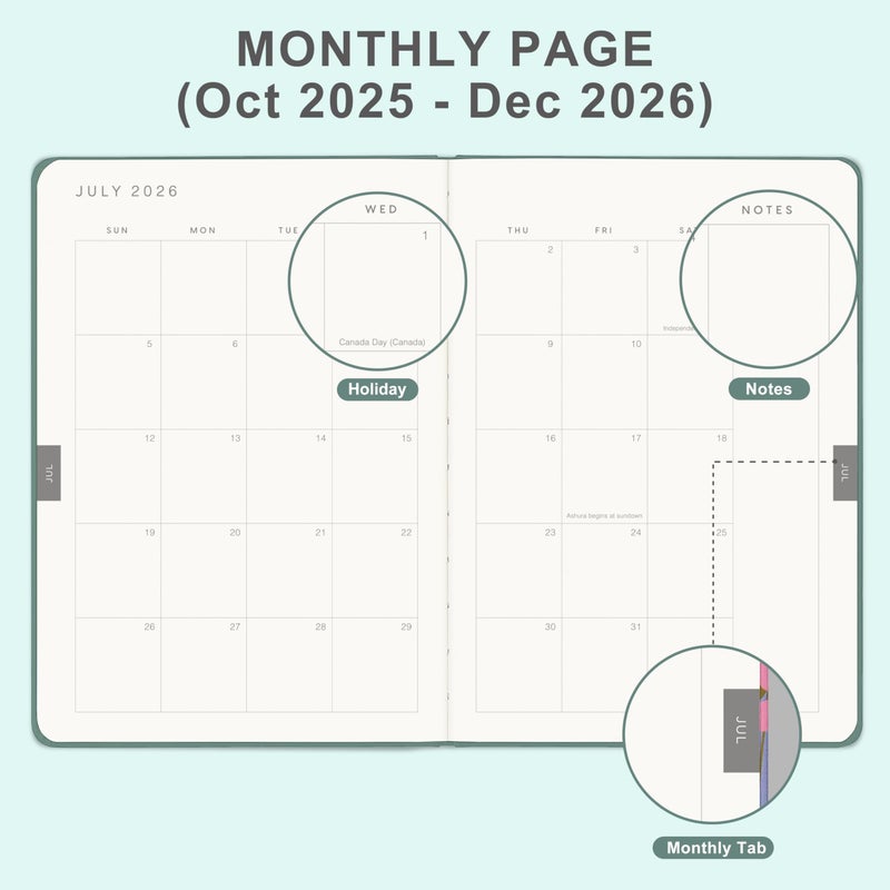 &And Per Se And Per Se Planner 2025-2026, 15-Month Hardcover Daily, Weekly & Monthly Planner, A5 size, 100GSM Thick Paper, Back Pocket, Monthly Tabs, 5.7"" x 8"" (Green) - Image 3